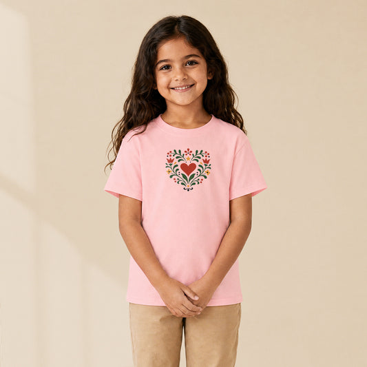T-shirt enfant Light pink Cœur floral porté par une enfant, série Folklore Portugais TifoArt
