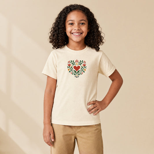 T-shirt enfant crème Cœur floral porté par une enfant, série Folklore Portugais TifoArt