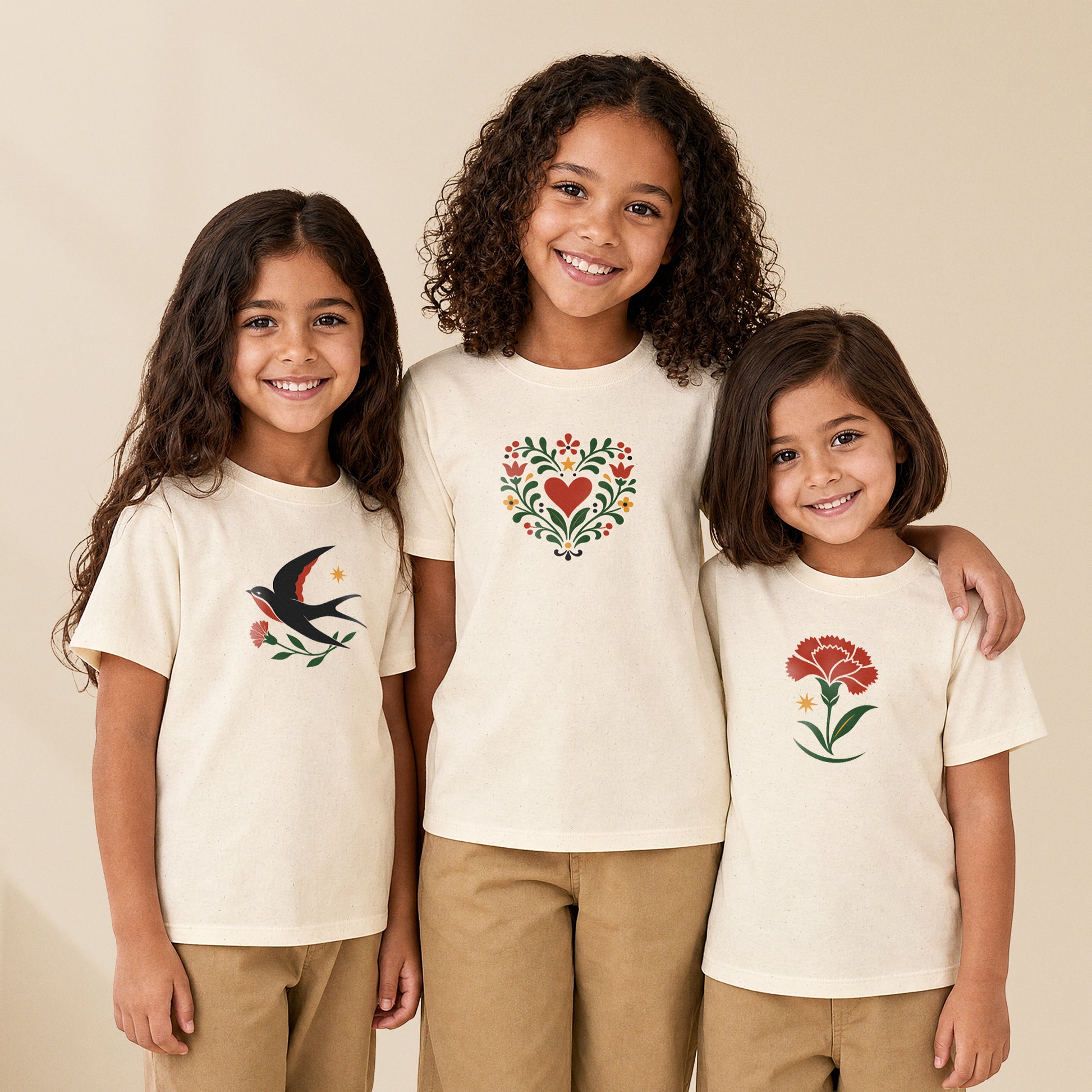 Trois filles portent les t-shirts de la série Folklore Portugais enfant TifoArt