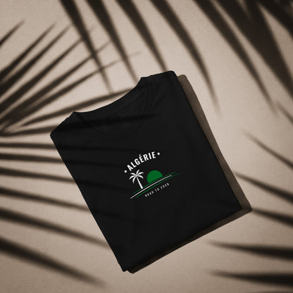 T-shirt noir supporter Algérie avec motif palmier aux couleurs vert et blanc du drapeau algérien, coton bio TifoArt