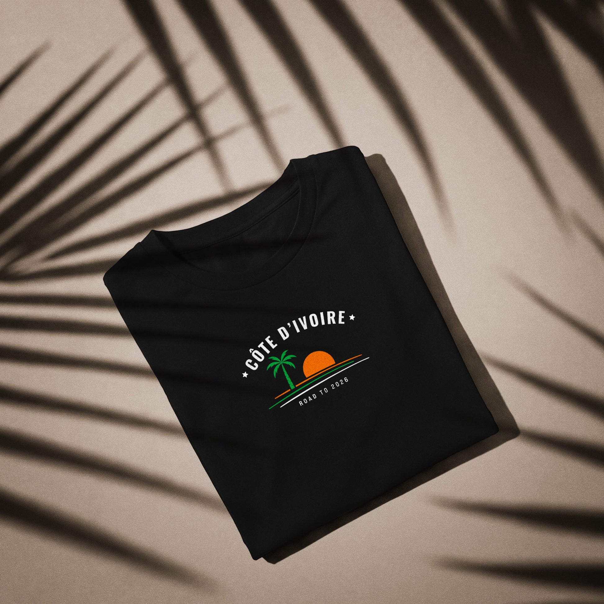 T-shirt noir supporter Côte d'Ivoire avec motif palmier aux couleurs orange, vert et blanc du drapeau ivoirien, coton bio TifoArt