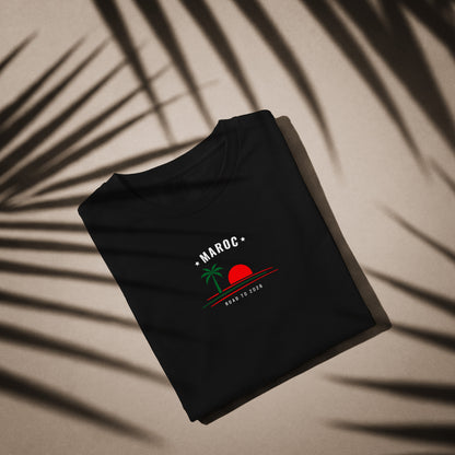 T-shirt noir supporter Maroc avec motif palmier aux couleurs rouge et vert du drapeau marocain, coton bio TifoArt