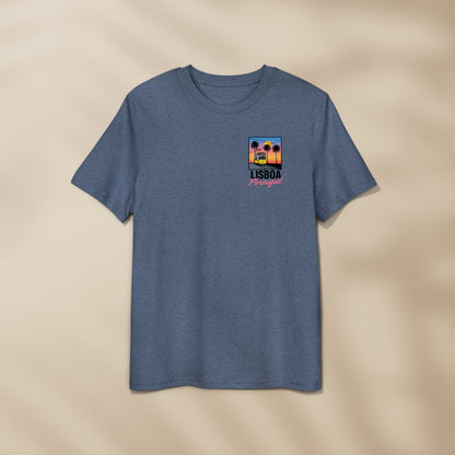 T-shirt Lisboa avec tramway 28 jaune et palmiers sous coucher de soleil sur Lisbonne, coton bio Portugal TifoArt