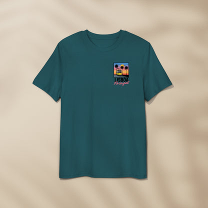 T-shirt Lisboa avec tramway 28 jaune et palmiers sous coucher de soleil sur Lisbonne, coton bio Portugal TifoArt