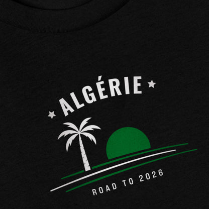 T-shirt noir supporter Algérie avec motif palmier aux couleurs vert et blanc du drapeau algérien, coton bio TifoArt