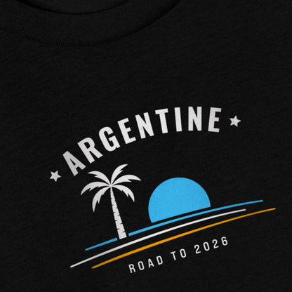 T-shirt noir supporter Argentine avec motif palmier aux couleurs bleu ciel et blanc du drapeau argentin, coton bio TifoArt