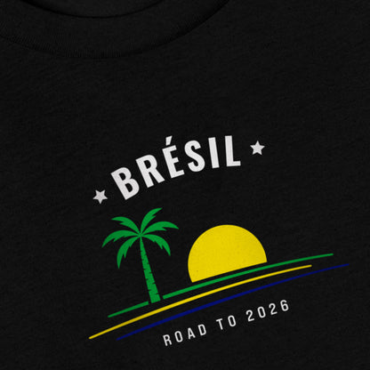 T-shirt noir supporter Brésil avec motif palmier aux couleurs jaune, vert et bleu du drapeau brésilien, coton bio TifoArt