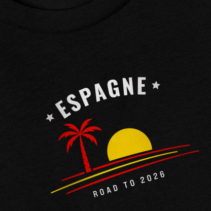 T-shirt noir supporter Espagne avec motif palmier aux couleurs jaune et rouge du drapeau espagnol, coton bio TifoArt