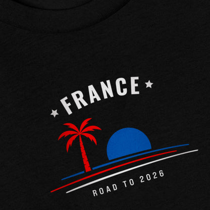 T-shirt noir supporter France avec motif palmier aux couleurs bleu, rouge et blanc du drapeau français, coton bio TifoArt
