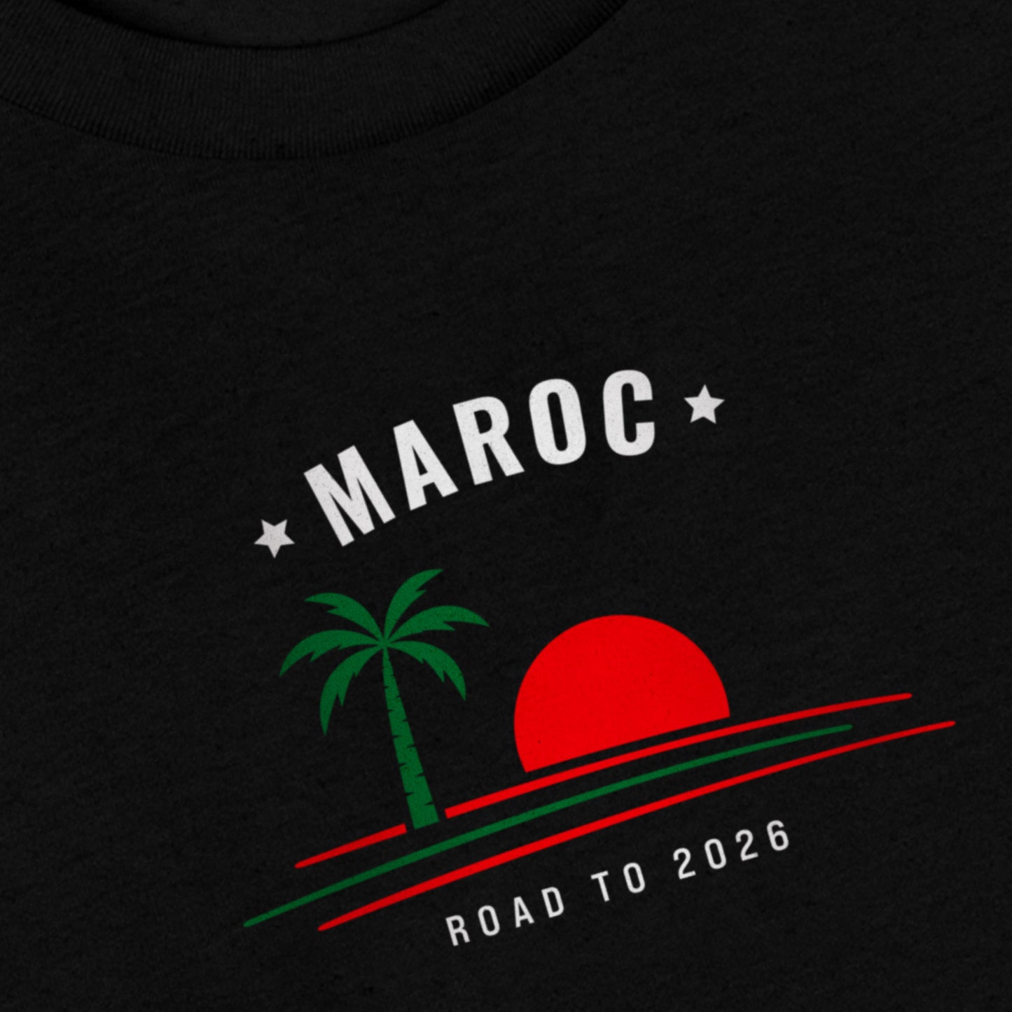 T-shirt noir supporter Maroc avec motif palmier aux couleurs rouge et vert du drapeau marocain, coton bio TifoArt