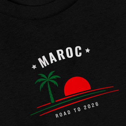 T-shirt noir supporter Maroc avec motif palmier aux couleurs rouge et vert du drapeau marocain, coton bio TifoArt