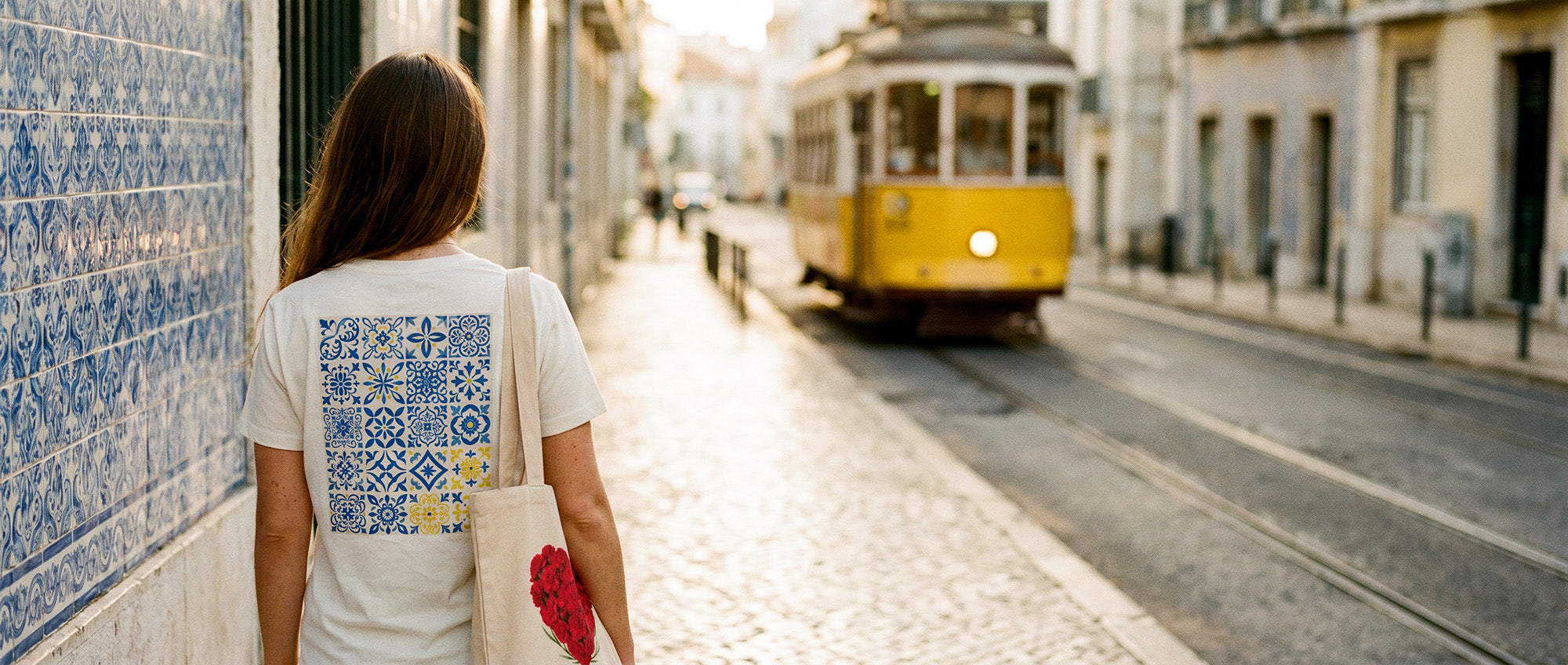 Femme de dos à Lisbonne portant le t-shirt Azulejos et le sac Liberdade TifoArt au coucher du soleil